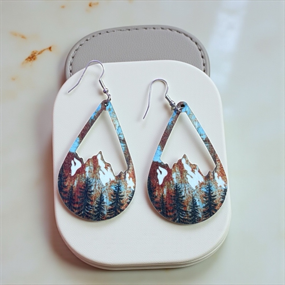 Western Jewelry Boho Cowgirl Nature-Inspired Mountain Scene Tear Drop Earrings